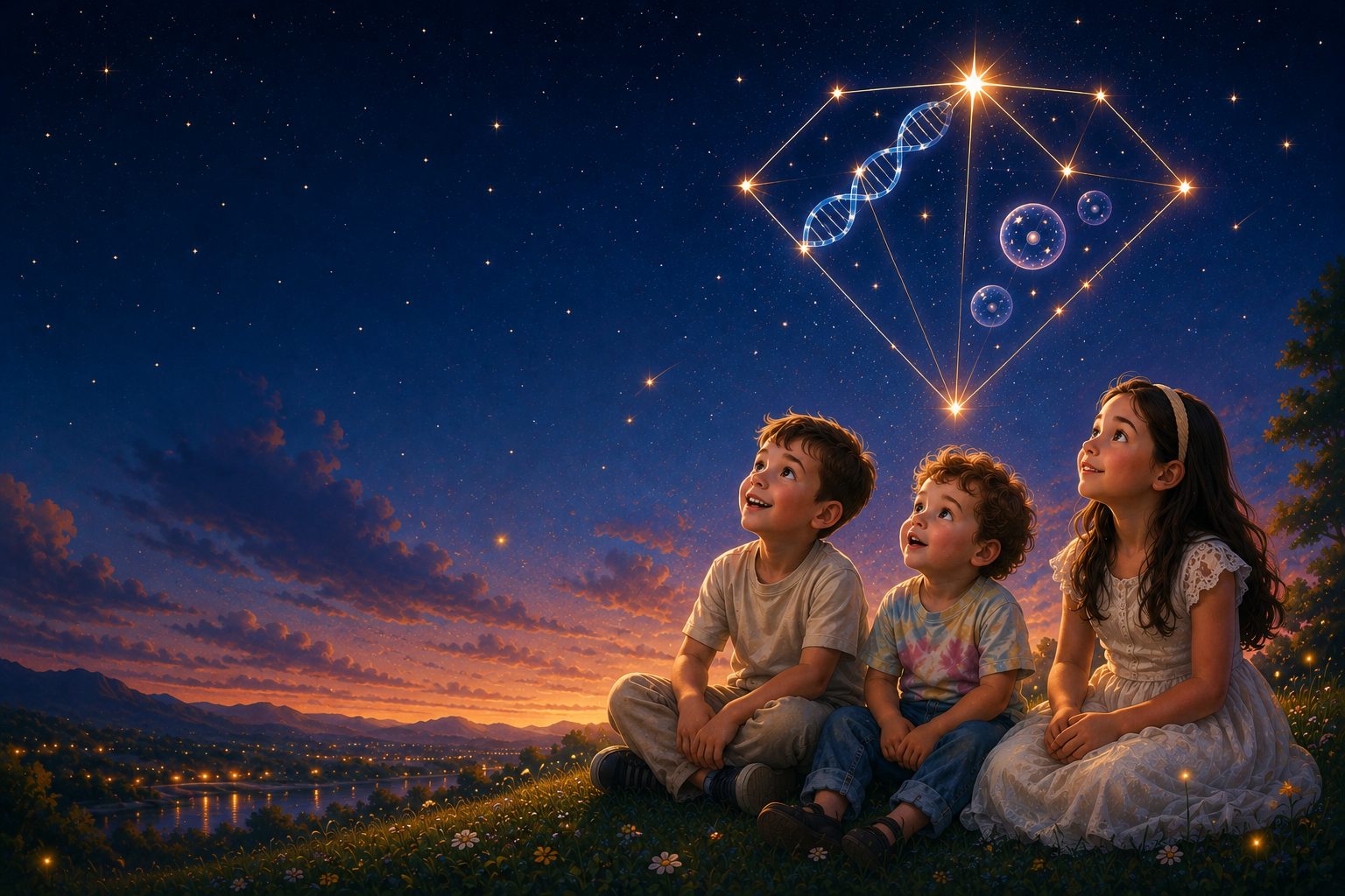 Three children looking up at a glowing diamond constellation