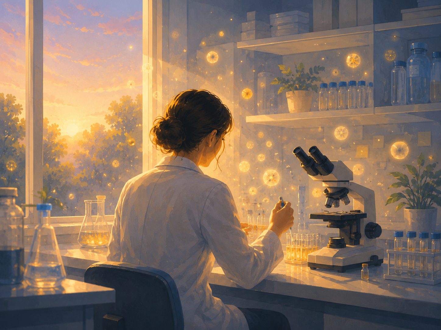 A scientist at work in a lab at dawn